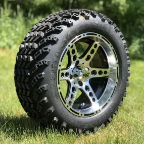 14" Dominator Black/Machined Aluminum Golf Cart Wheels and 23x10-14 DOT All Terrain Off-Road Golf Cart Tires Combo - Set of 4 (Choose your tire!)