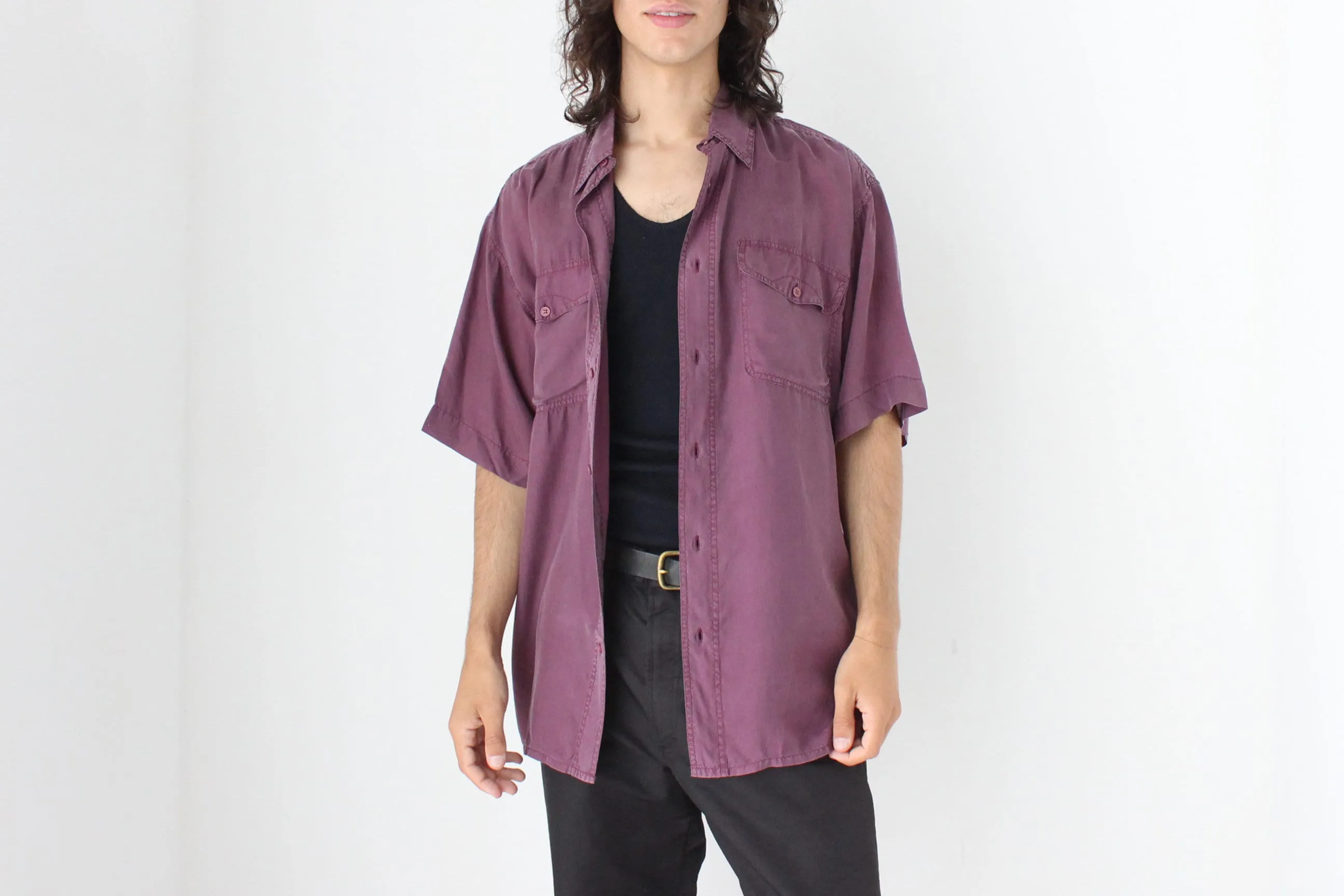 80s MATTE SILK Boxy Double Pocket Shirt in Purple