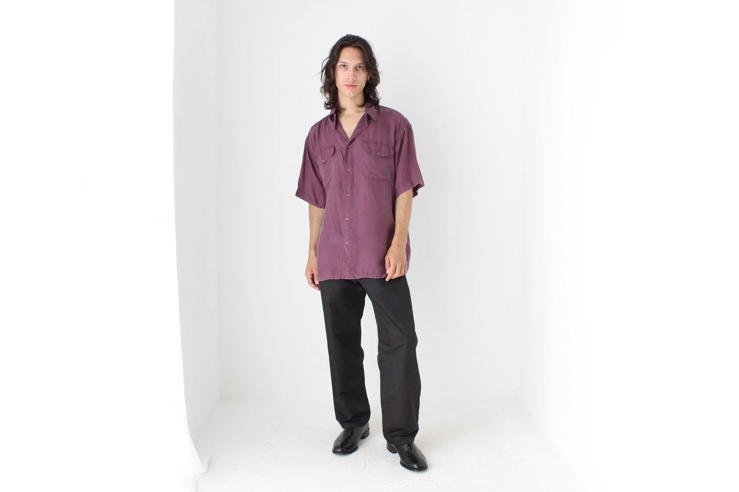 80s MATTE SILK Boxy Double Pocket Shirt in Purple