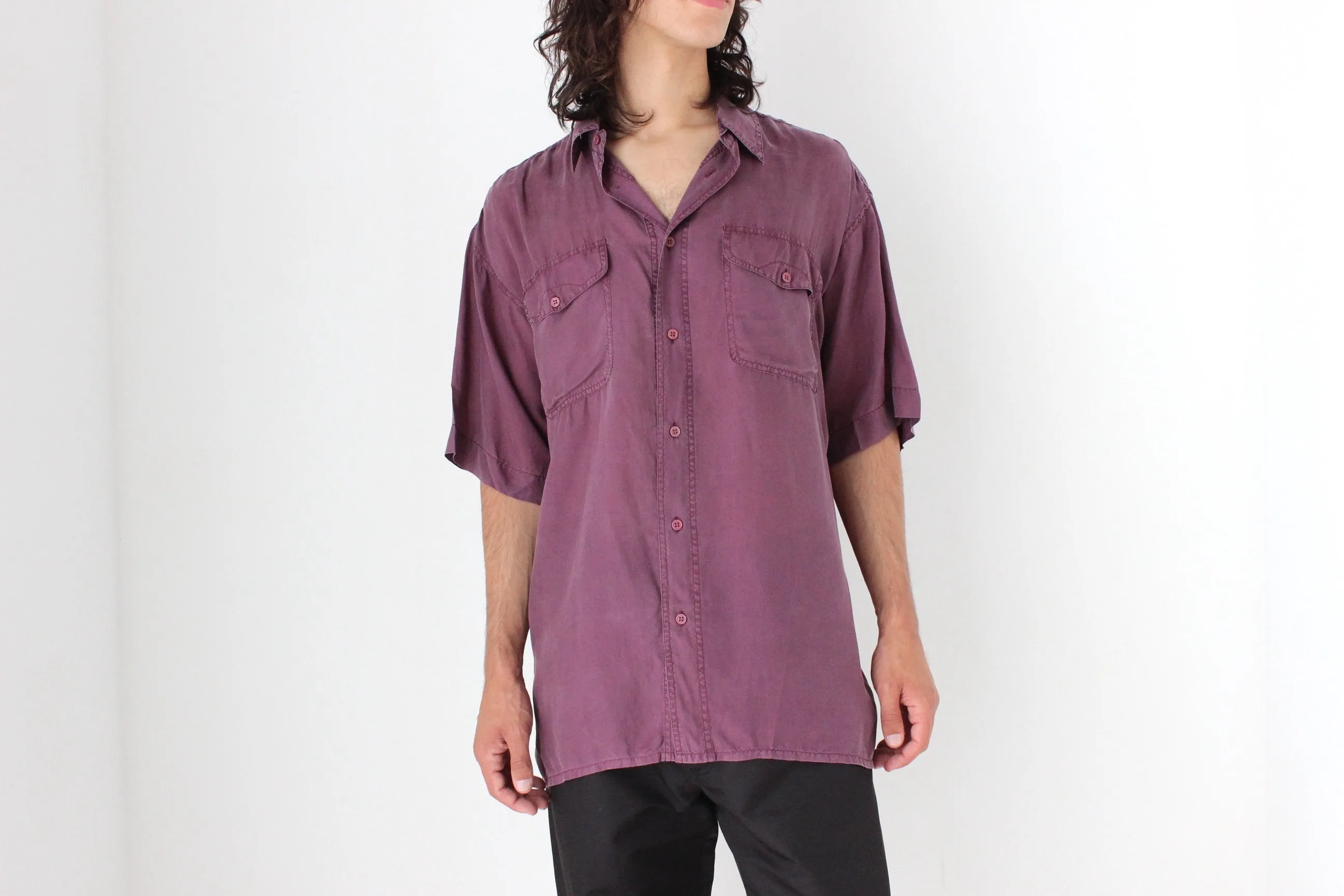 80s MATTE SILK Boxy Double Pocket Shirt in Purple