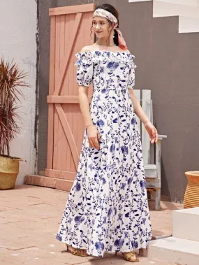 Allover Plants Frill Trim Maxi Bardot Dress