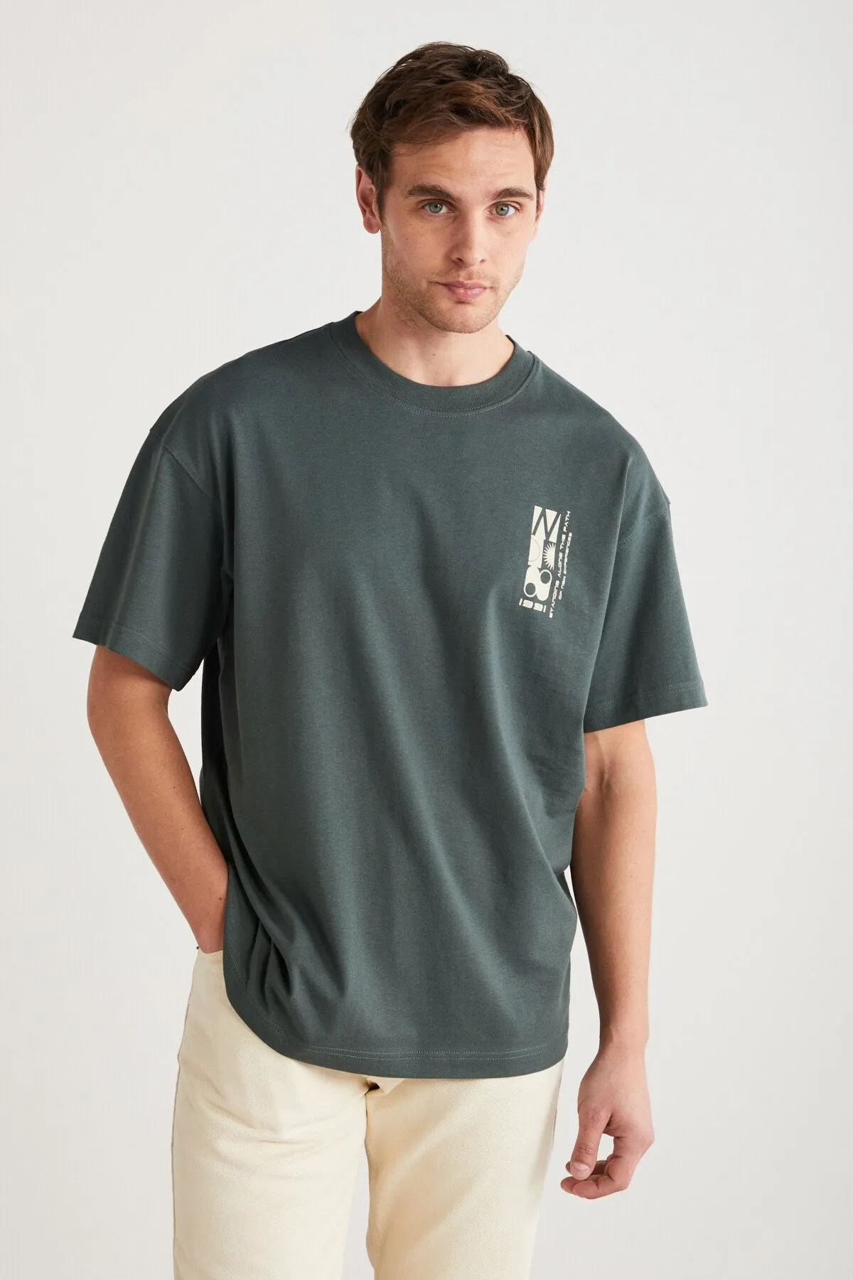 Antoni Men's Printing Detailed 100 %Organic Cotton Knitting Oversize Green T-shirt