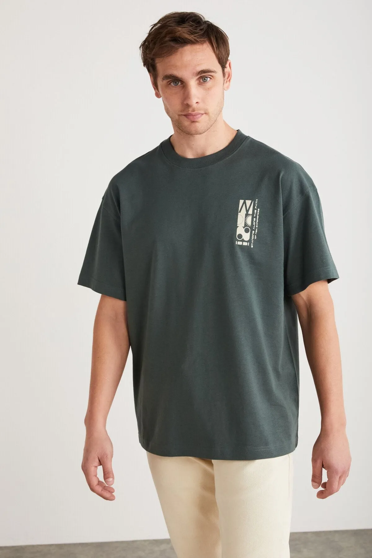 Antoni Men's Printing Detailed 100 %Organic Cotton Knitting Oversize Green T-shirt