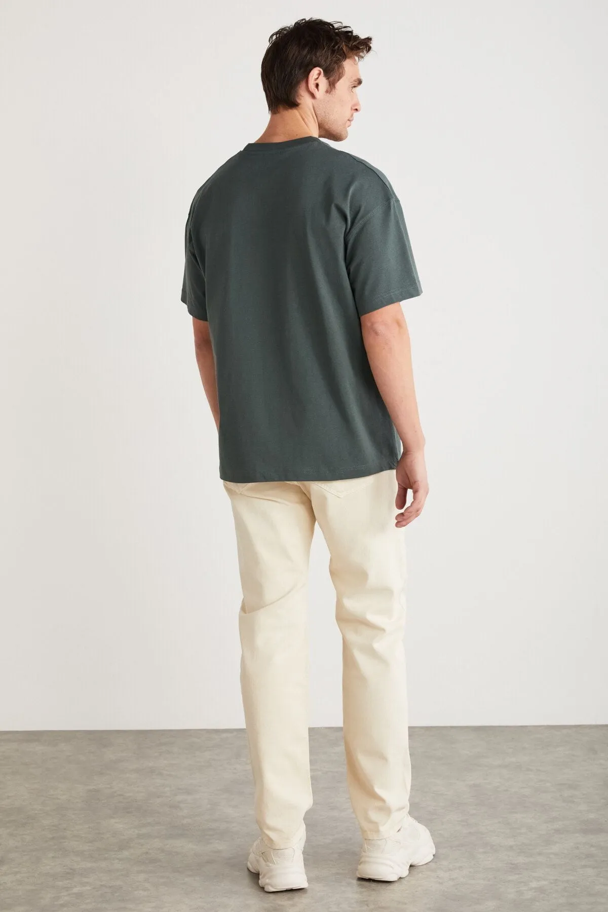 Antoni Men's Printing Detailed 100 %Organic Cotton Knitting Oversize Green T-shirt