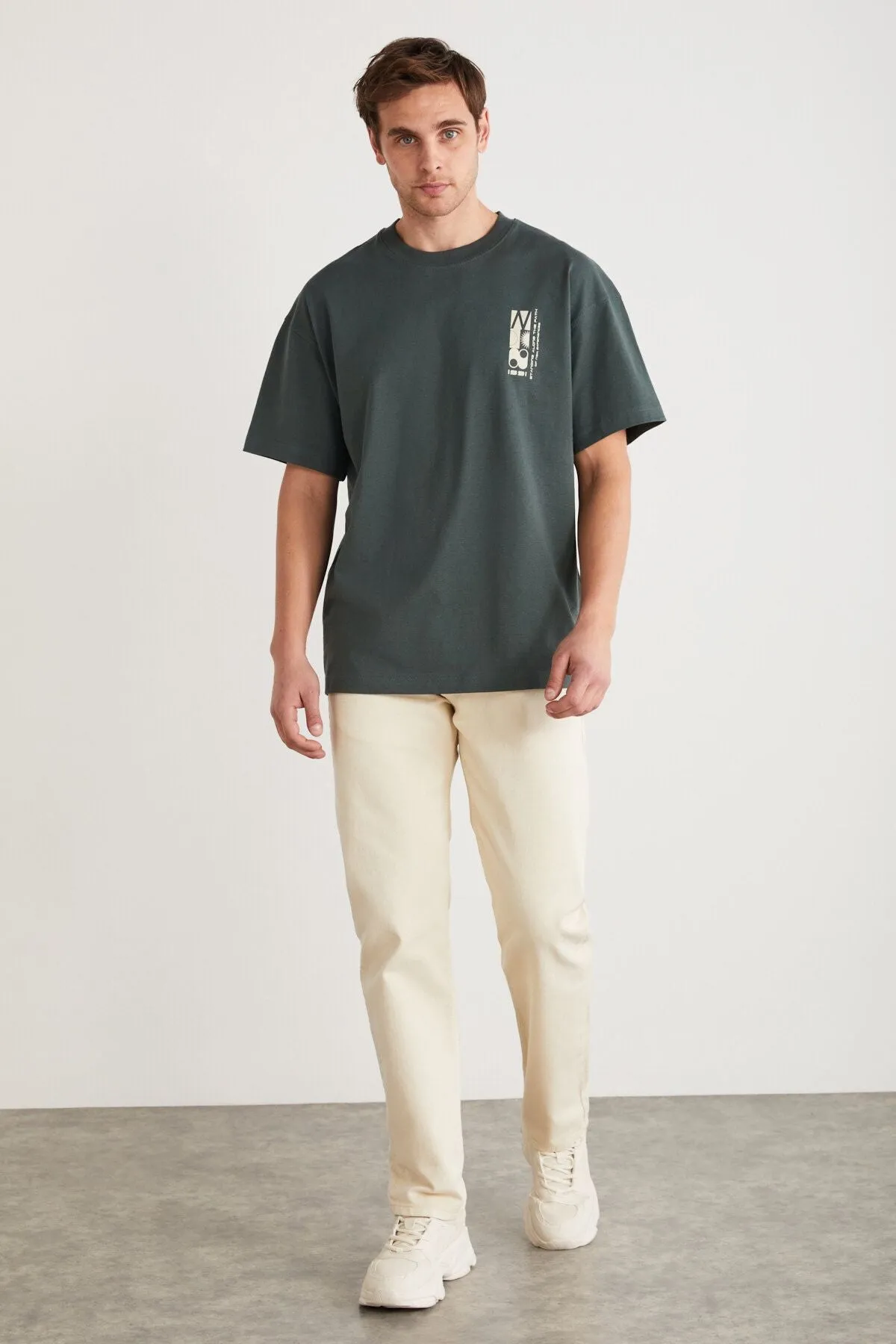 Antoni Men's Printing Detailed 100 %Organic Cotton Knitting Oversize Green T-shirt