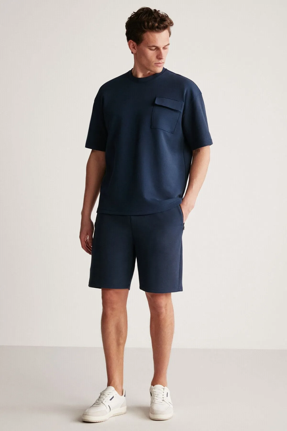 Artur Men's pocket thick special textured fabric navy blue t-shirt