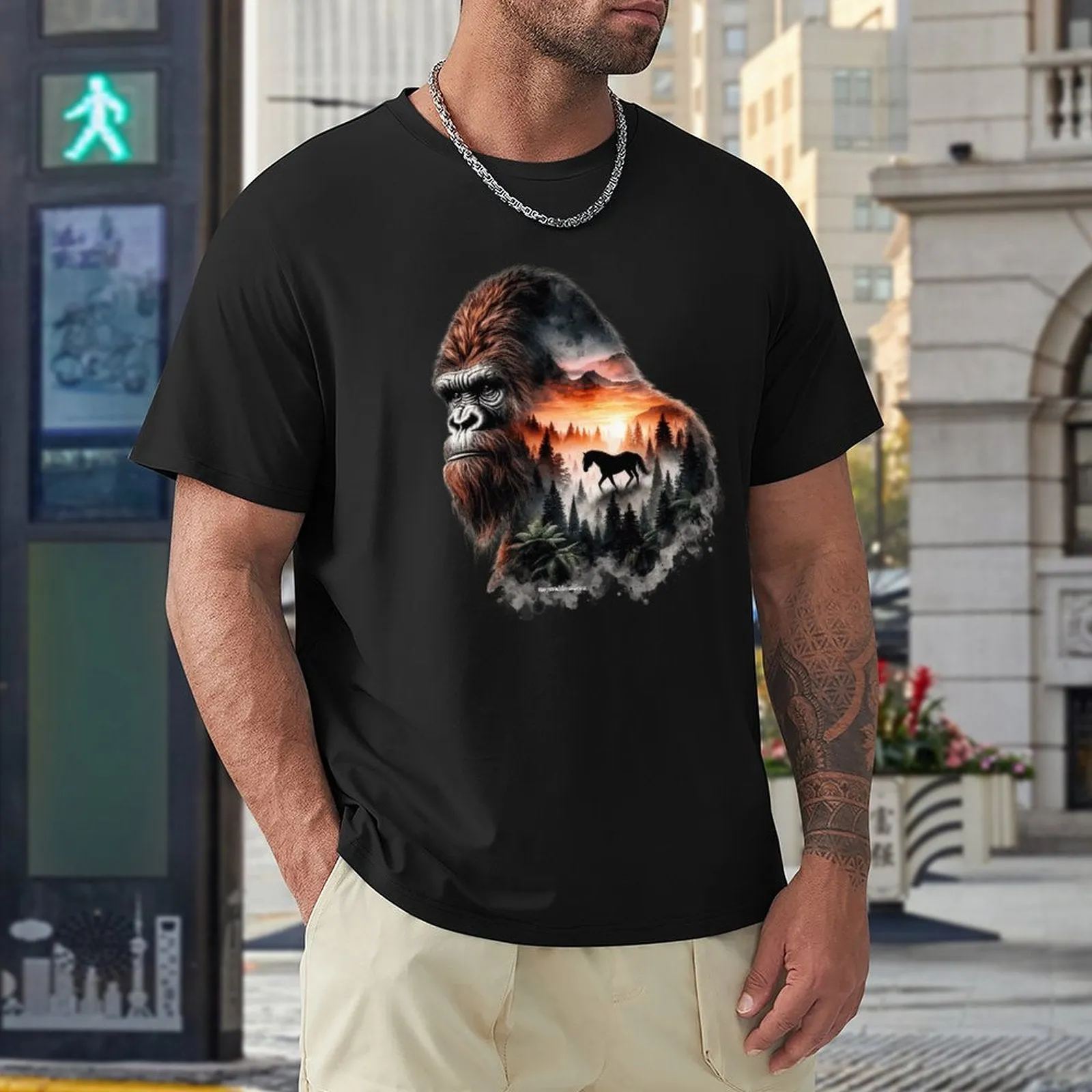 Bigfoot, Sasquatch, Horse, Short Sleeve Cotton T-shirt