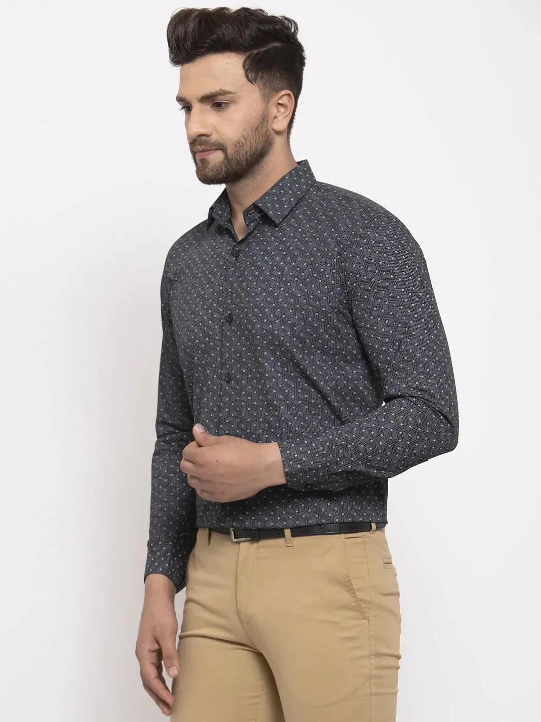 Black Men'S Cotton Printed Formal Shirt'S
