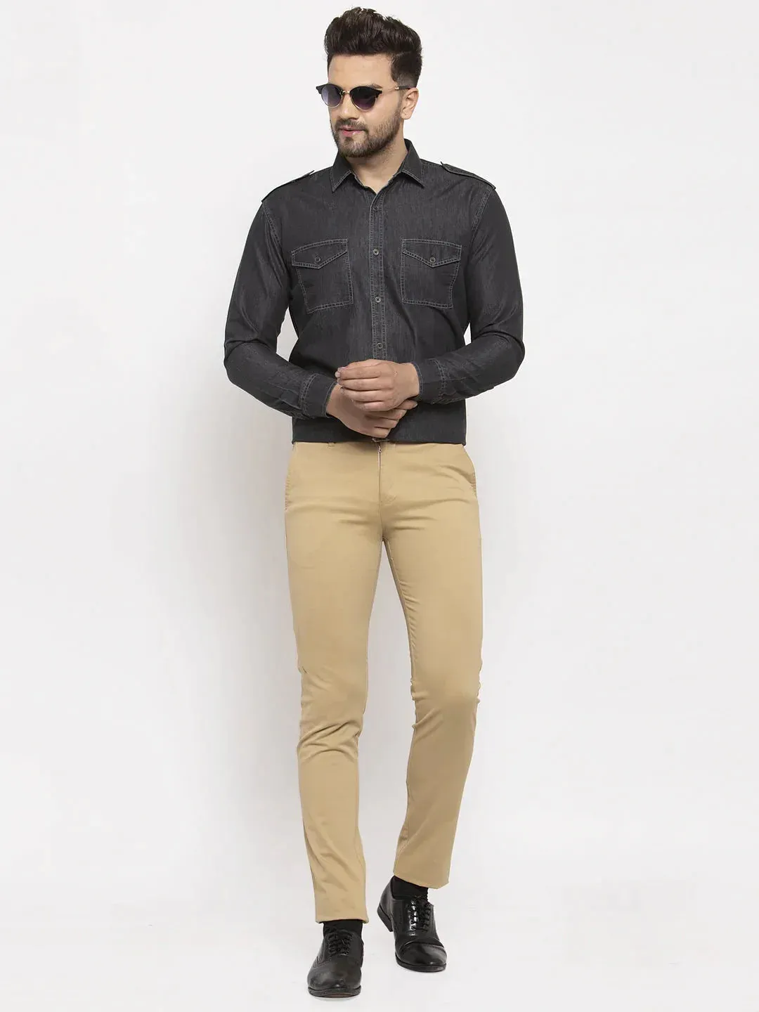 Black Men'S Denim Solid Formal Shirt'S