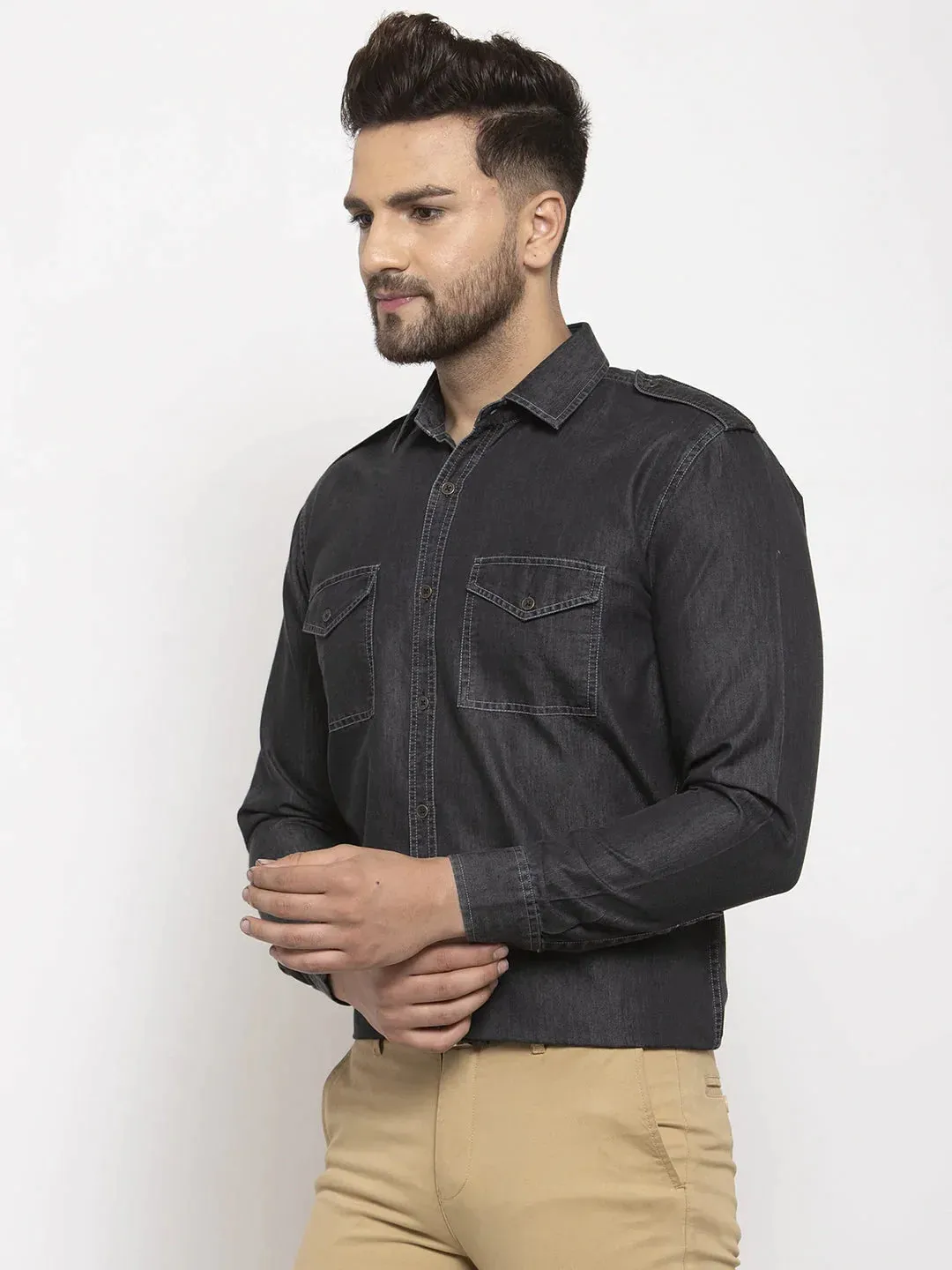 Black Men'S Denim Solid Formal Shirt'S