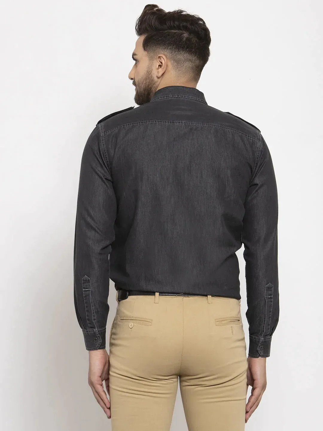 Black Men'S Denim Solid Formal Shirt'S