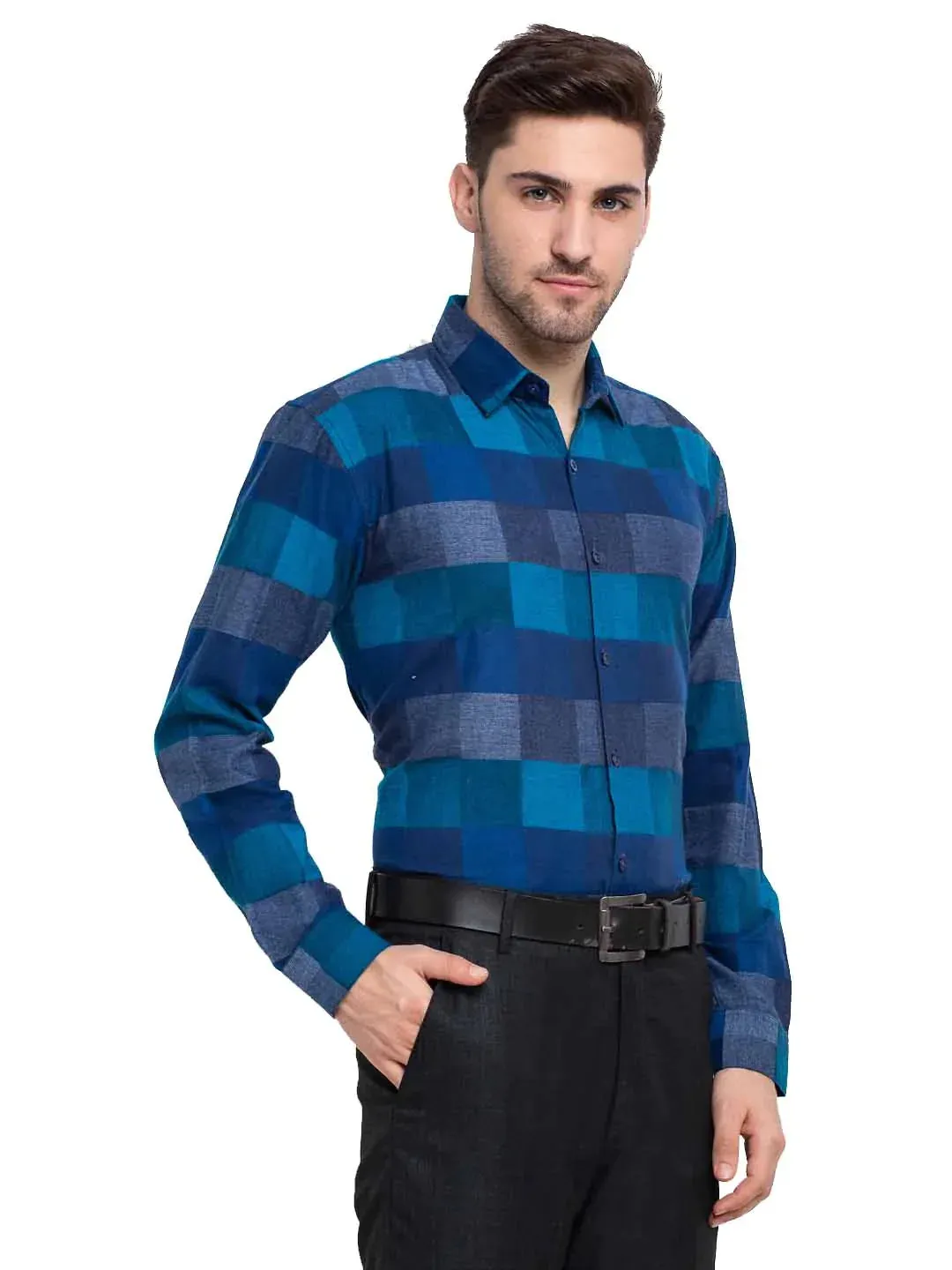 Blue Men'S Checked Cotton Formal Shirt
