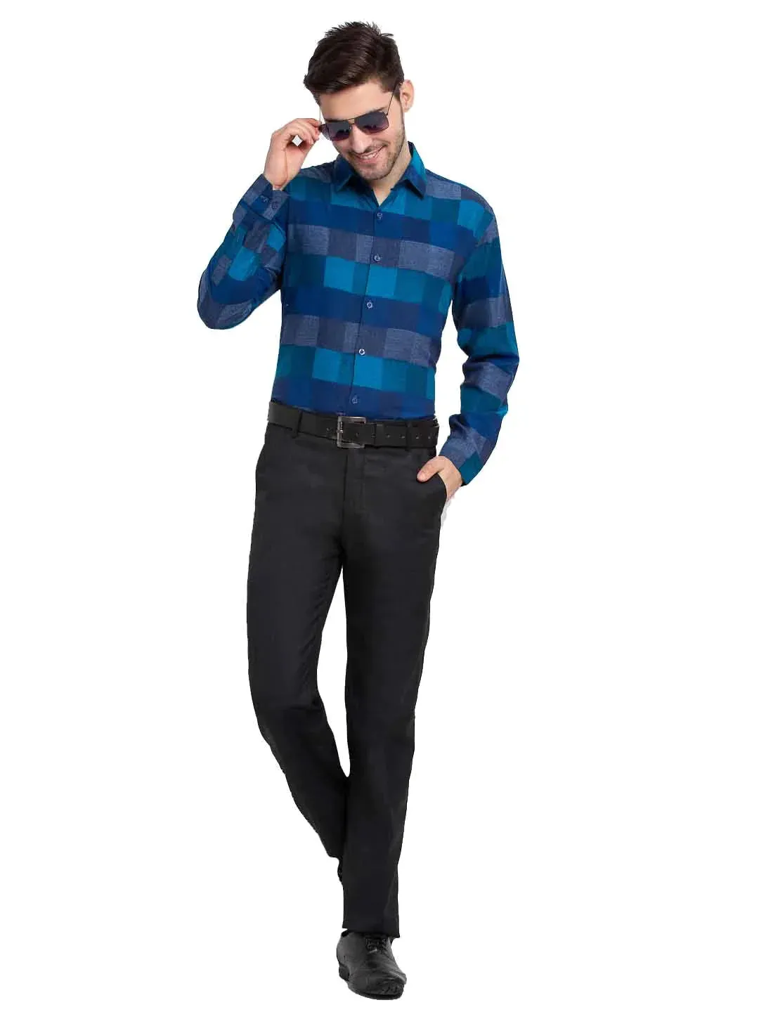 Blue Men'S Checked Cotton Formal Shirt