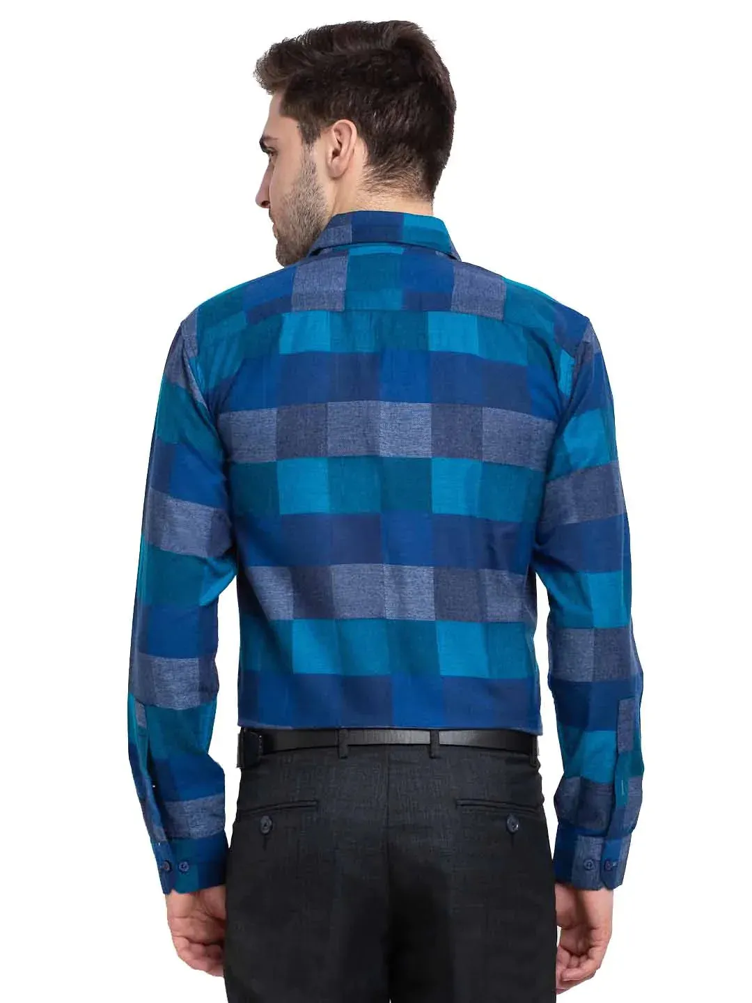 Blue Men'S Checked Cotton Formal Shirt