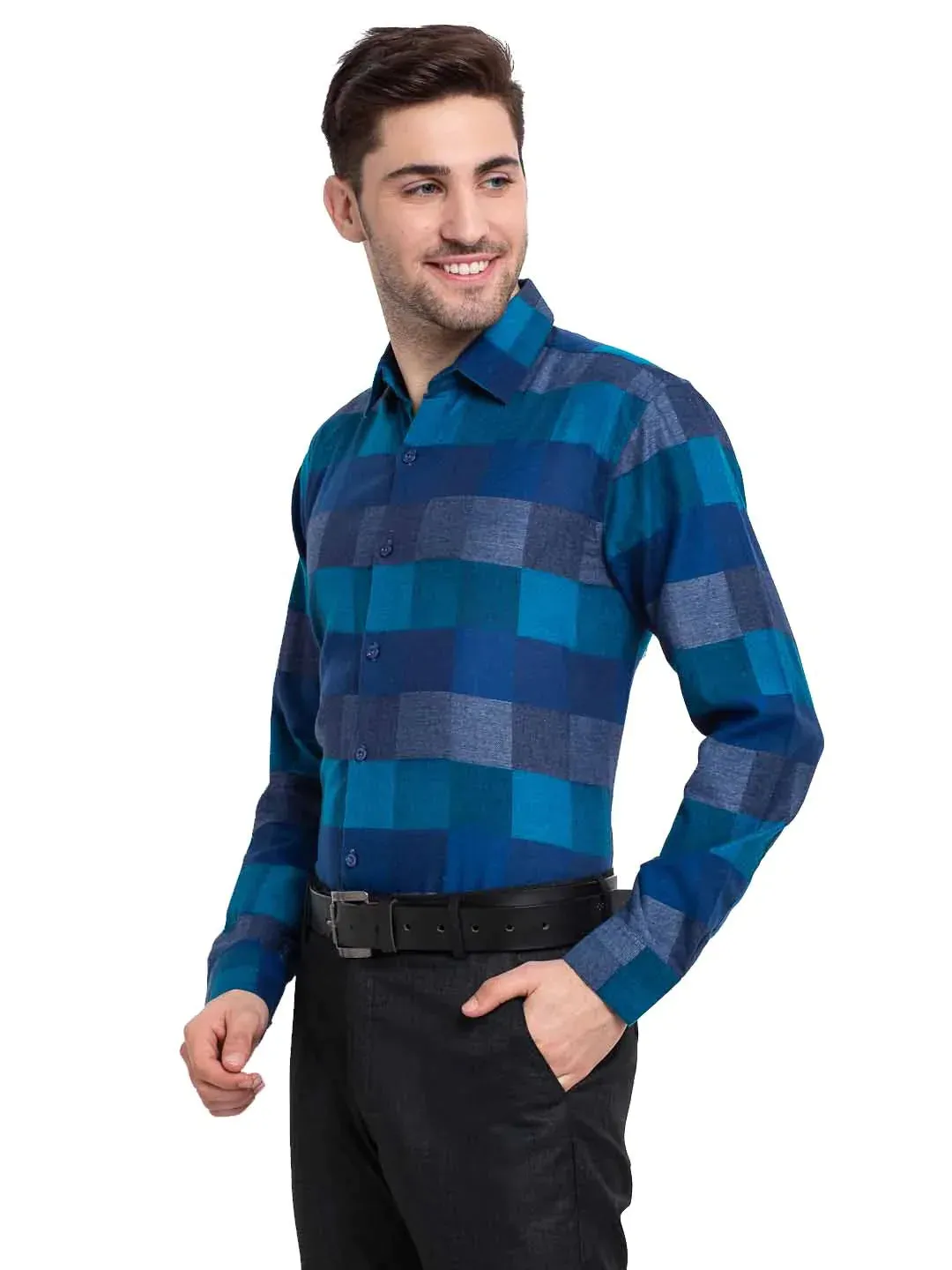 Blue Men'S Checked Cotton Formal Shirt