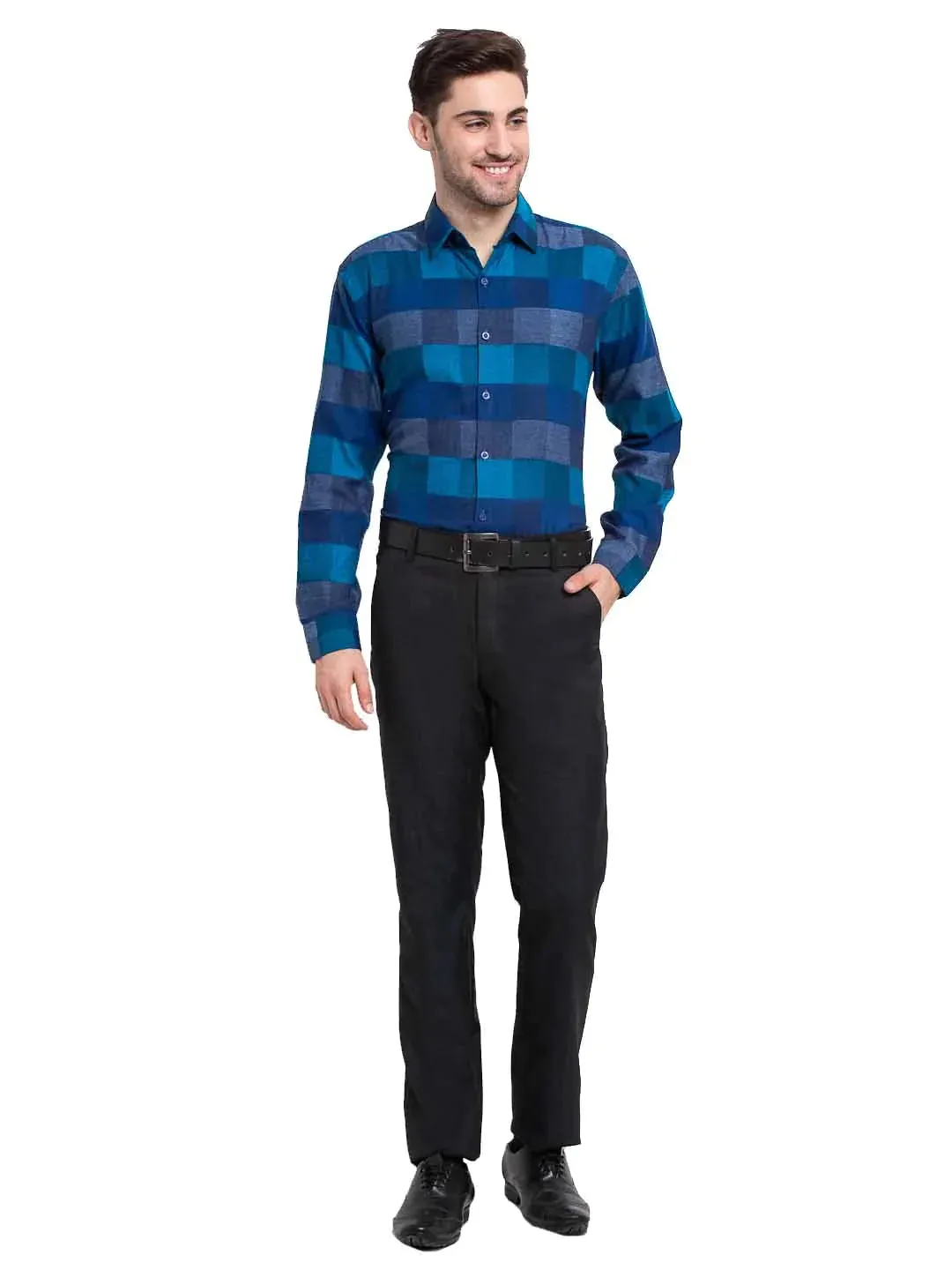 Blue Men'S Checked Cotton Formal Shirt