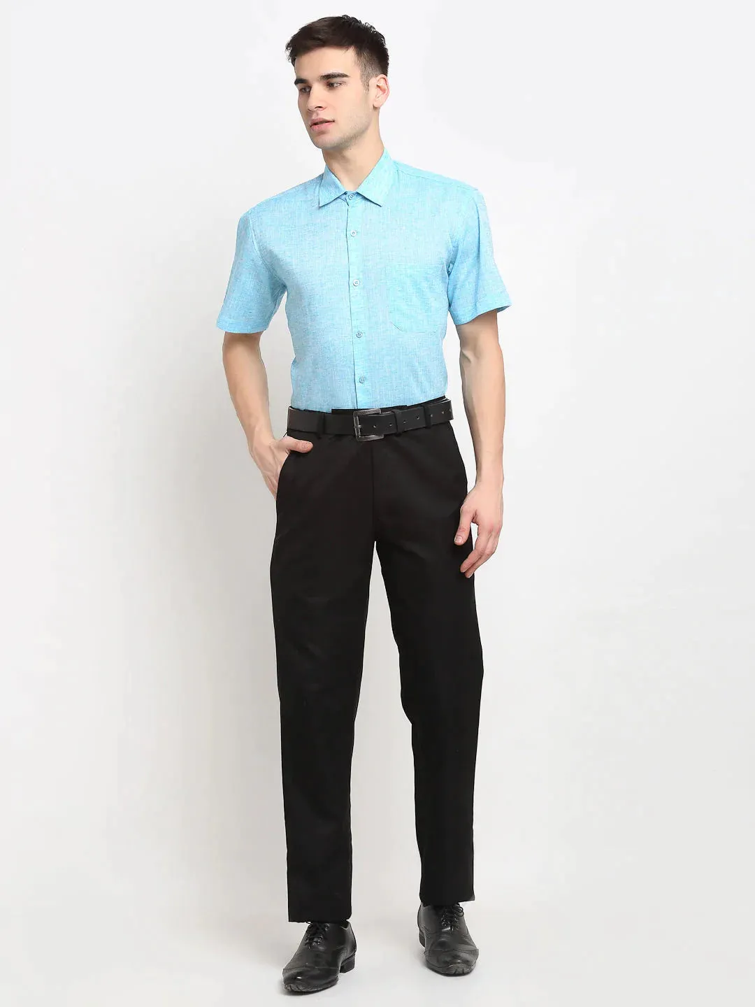Blue Men'S Solid Cotton Half Sleeves Formal Shirt