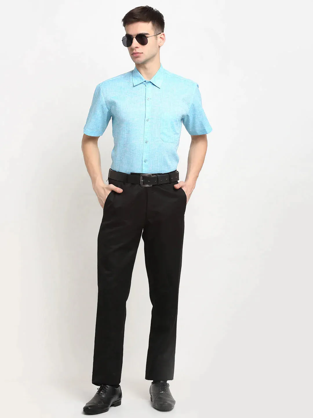 Blue Men'S Solid Cotton Half Sleeves Formal Shirt