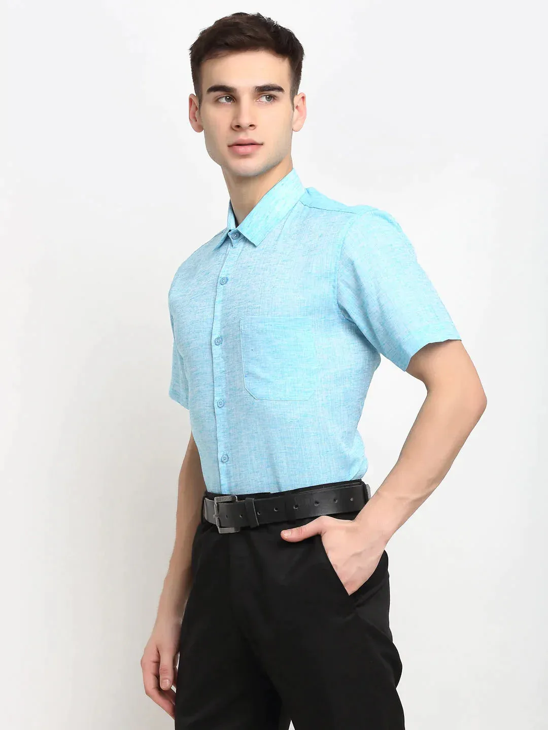 Blue Men'S Solid Cotton Half Sleeves Formal Shirt