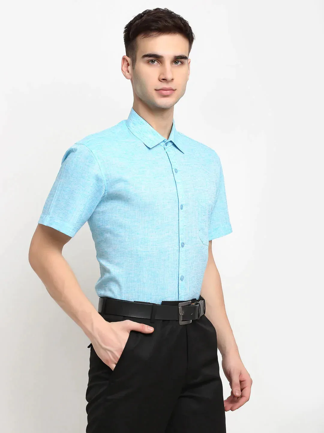 Blue Men'S Solid Cotton Half Sleeves Formal Shirt