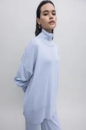 Blue Turtleneck Relaxed Fit Knitted Sweater