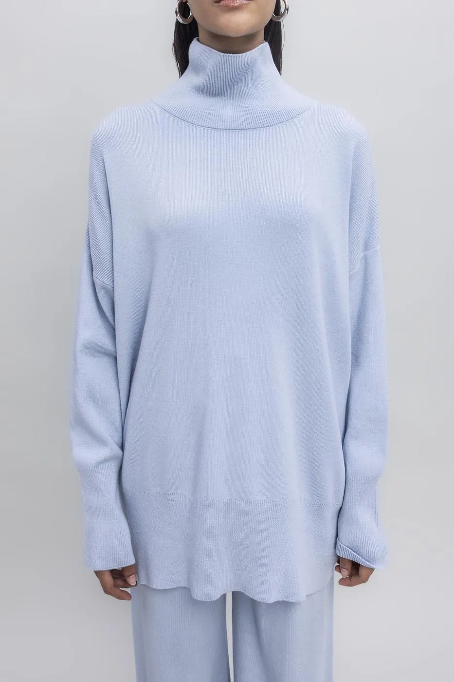 Blue Turtleneck Relaxed Fit Knitted Sweater