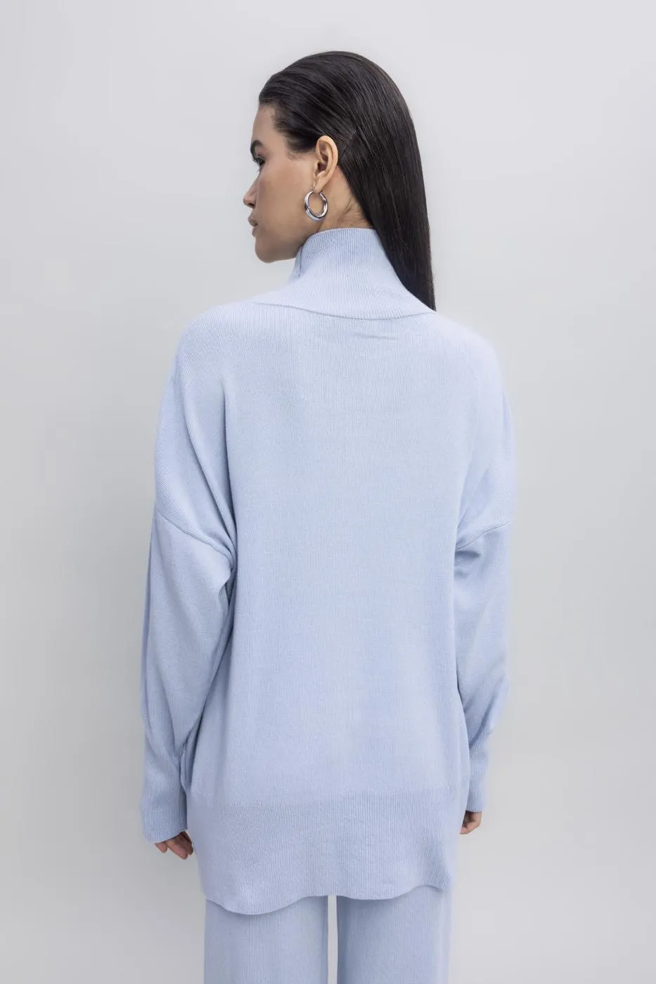 Blue Turtleneck Relaxed Fit Knitted Sweater