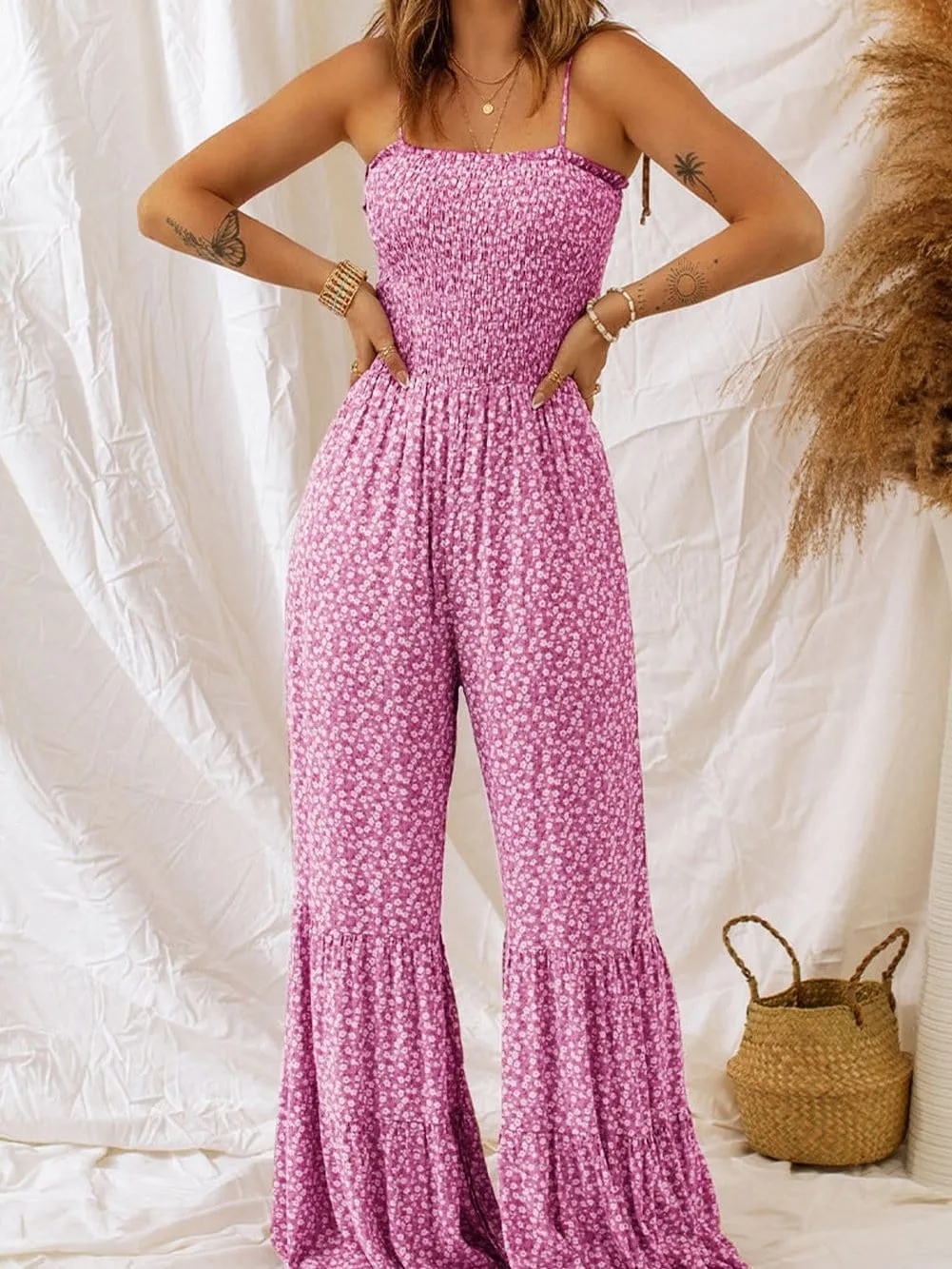 Bohemian Floral Print Wide Leg Jumpsuit