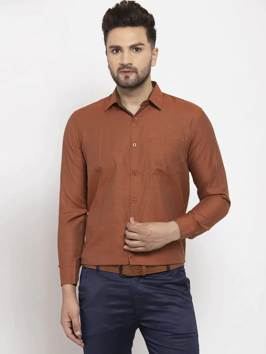 Brown Men'S Cotton Polka Dots Formal Shirt'S