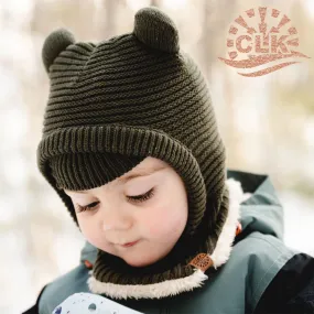 CALIKIDS RIBBED COTTON KNIT BEAR BALACLAVA 9M-5Y-OLIVE