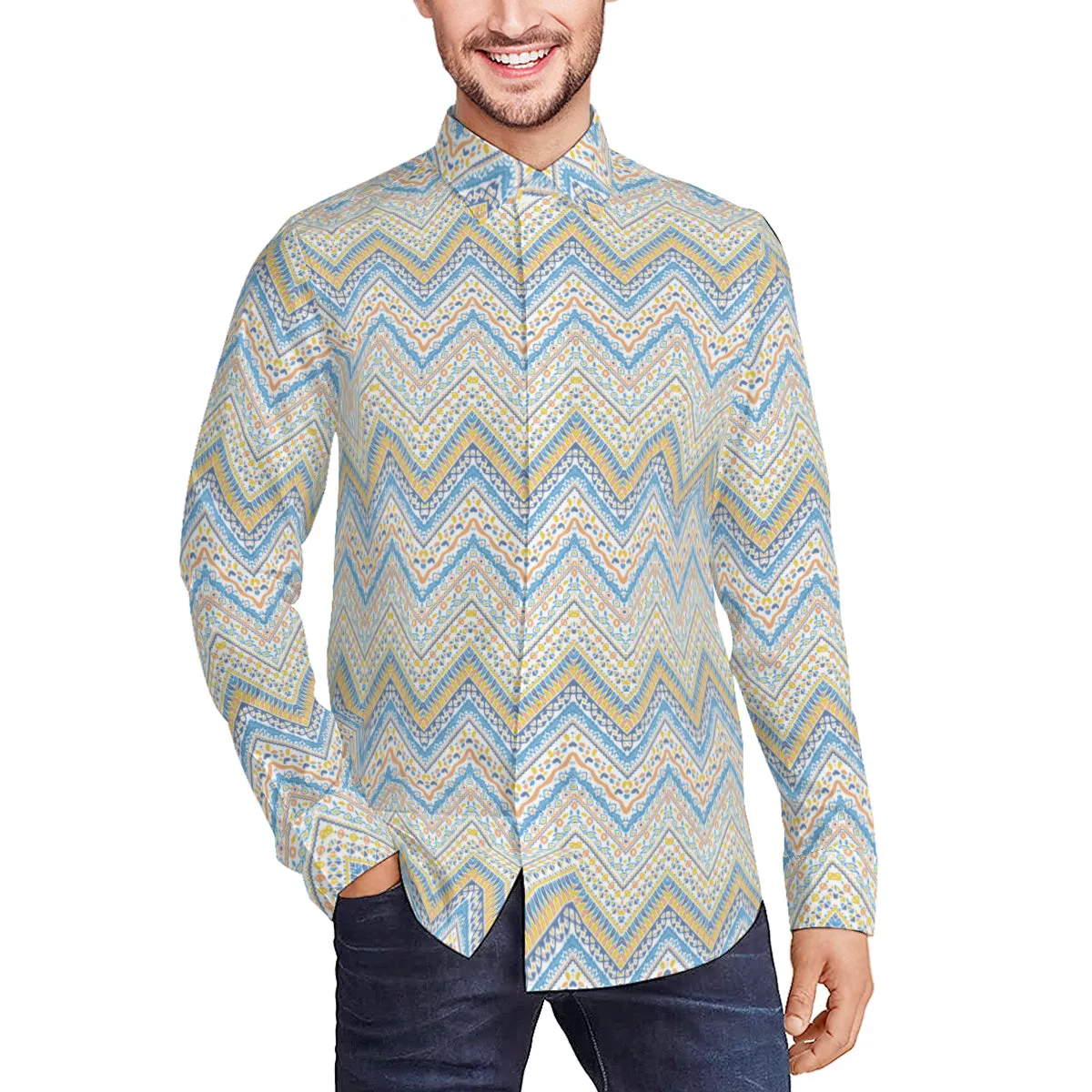 Chevron Shirt Men, 70s style shirt, 70s clothing men, 70s shirt men, Blue Green Floral shirt, Floral Shirt Men, Green Blue Dress Shirt Men