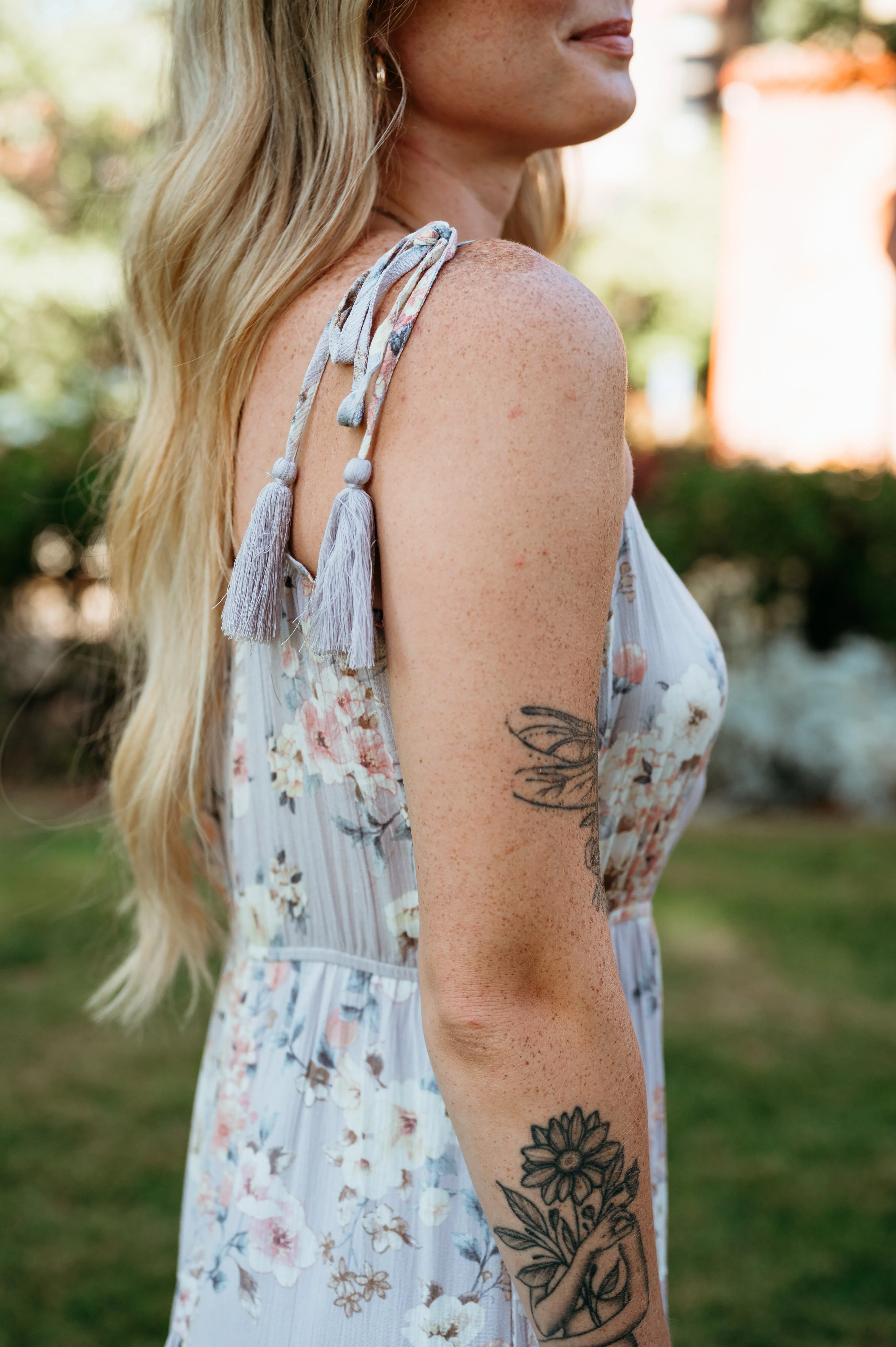 CLEARANCE - Floral Print Cami Midi Dress W/ Tassle Straps