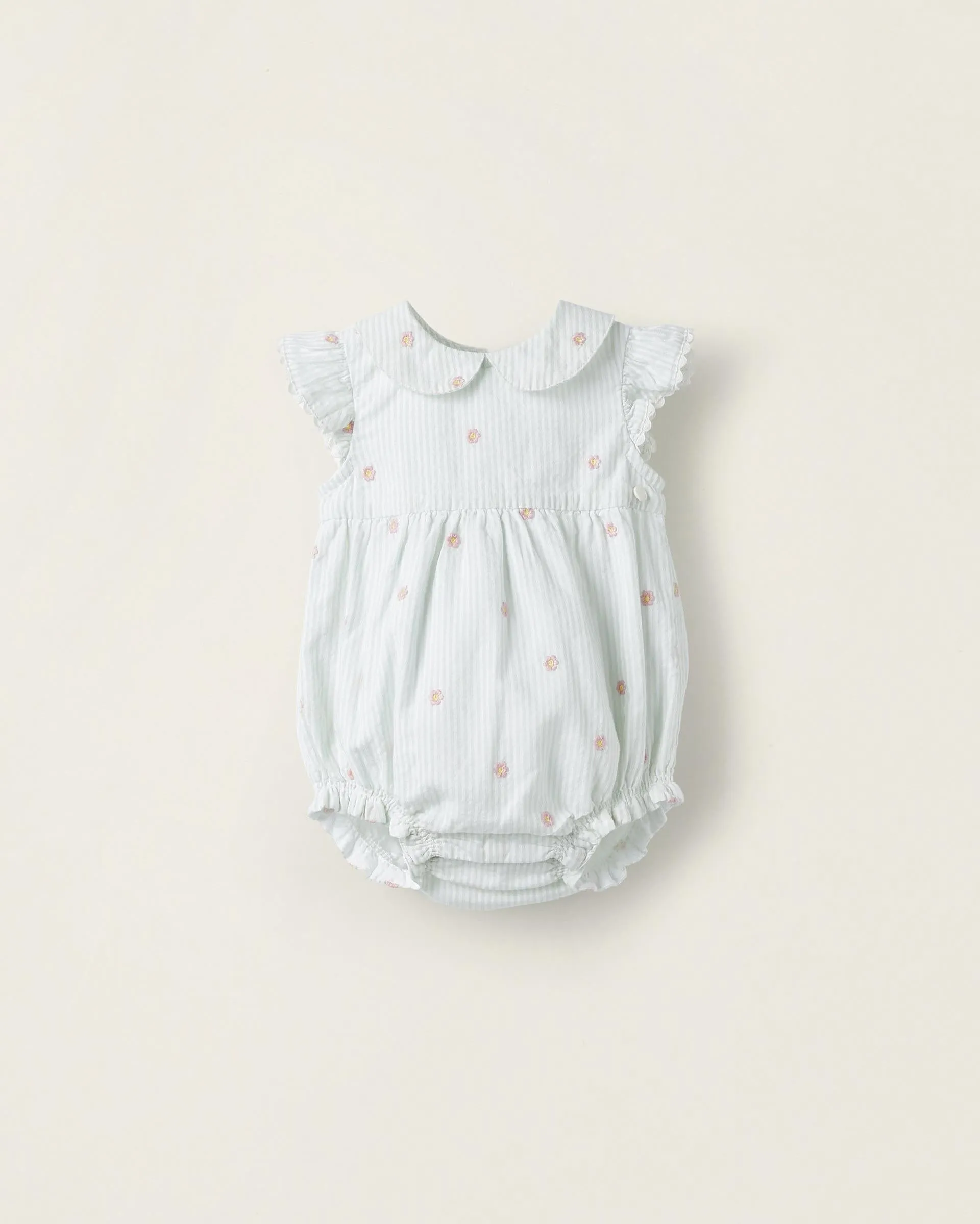 Cotton Jumpsuit with Ruffles for Newborn Girls 'Floral', White/Green