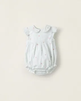 Cotton Jumpsuit with Ruffles for Newborn Girls 'Floral', White/Green