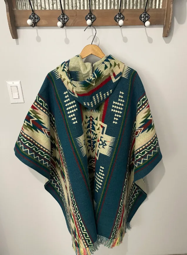 Cozy Ethnic Tribal Hooded Alpaca Poncho