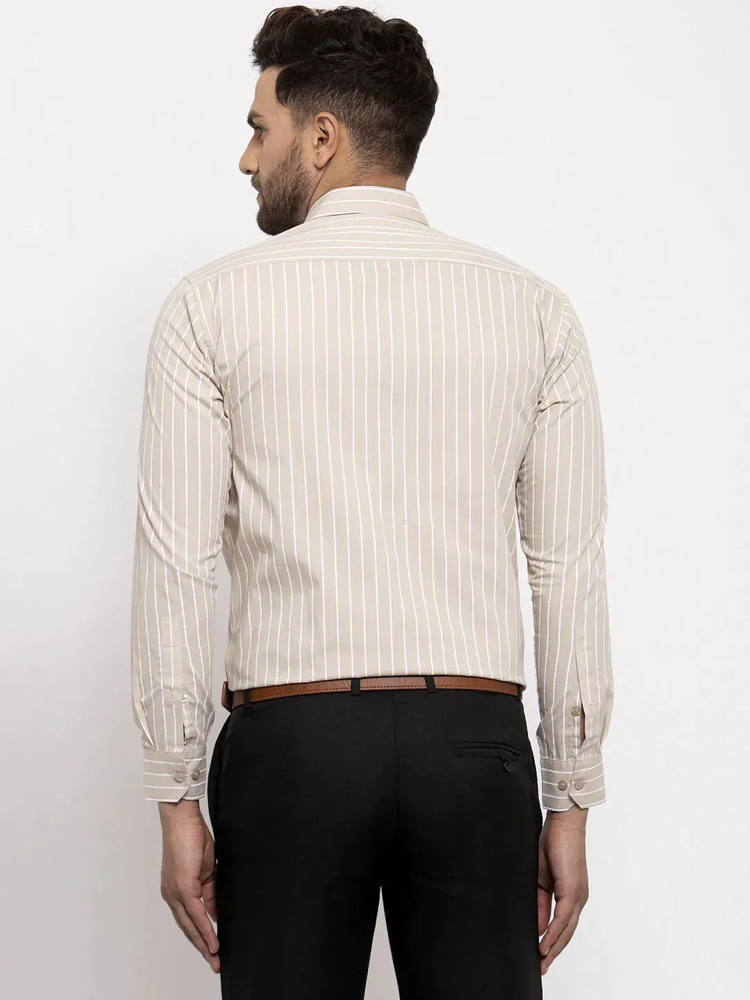 Cream Men'S Cotton Striped Formal Shirt'S