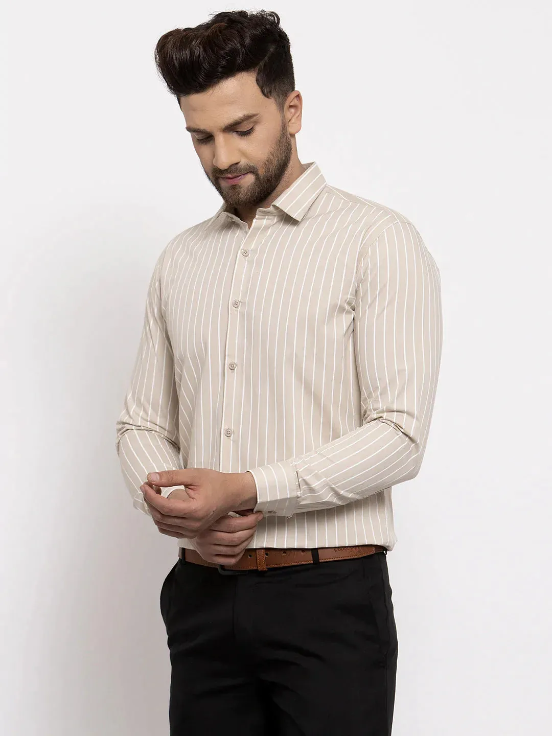 Cream Men'S Cotton Striped Formal Shirt'S