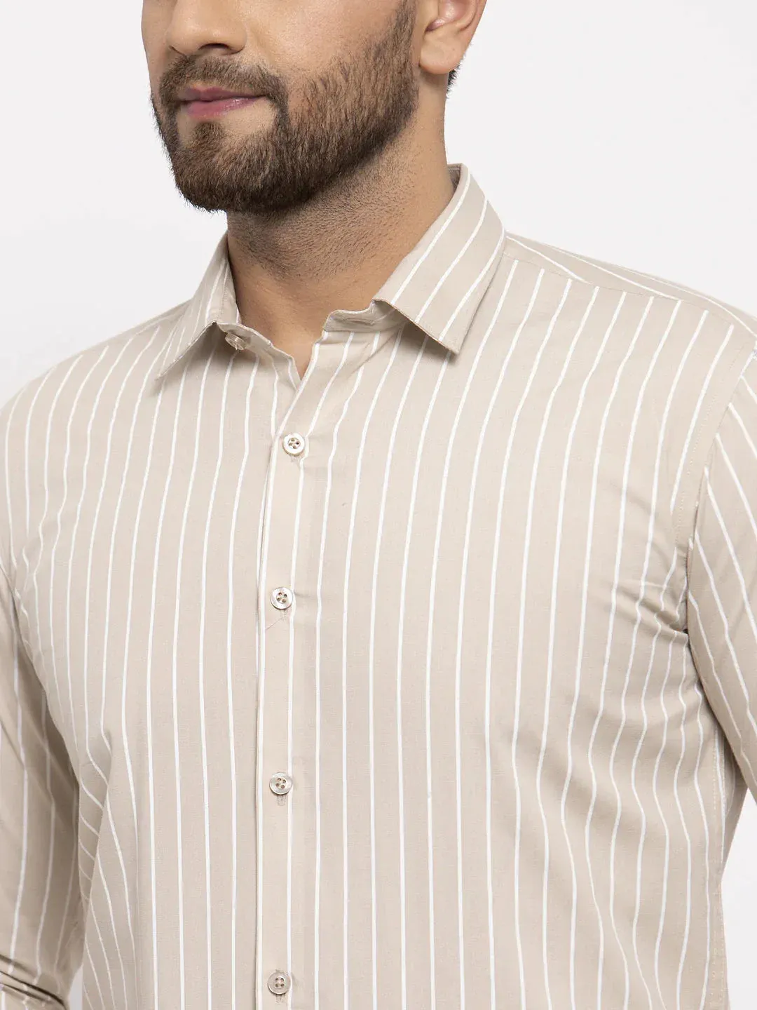 Cream Men'S Cotton Striped Formal Shirt'S