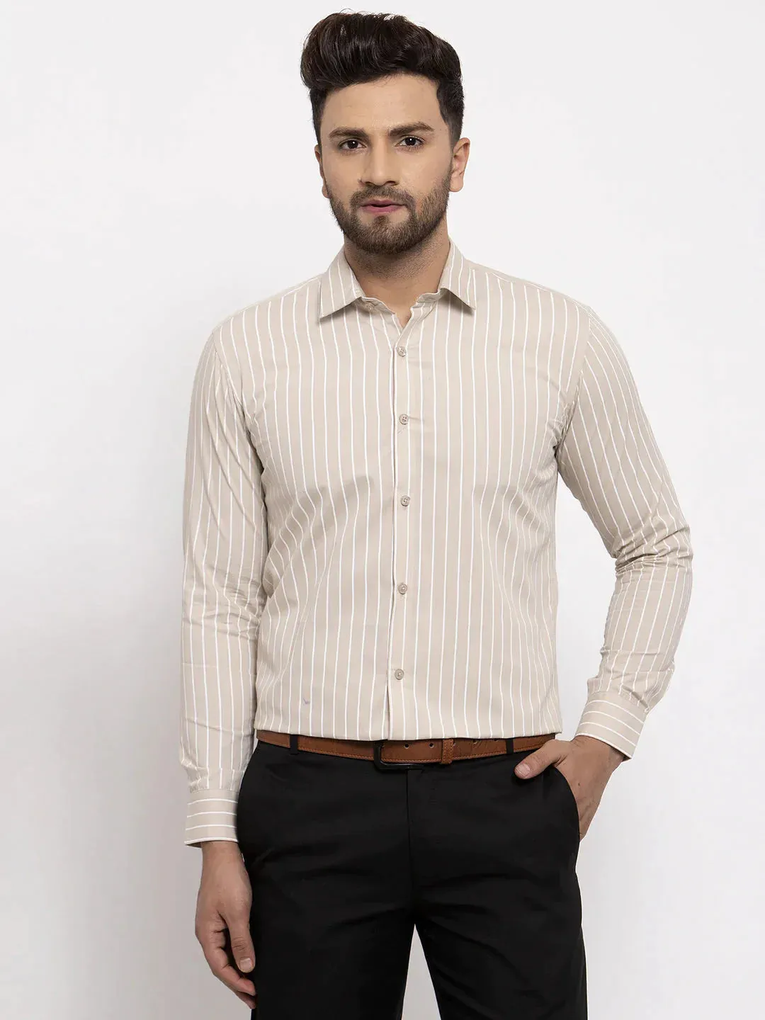 Cream Men'S Cotton Striped Formal Shirt'S