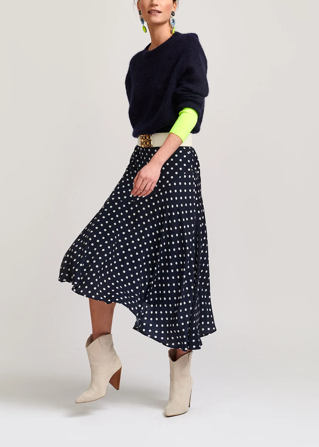Dark blue polka dot midi skirt