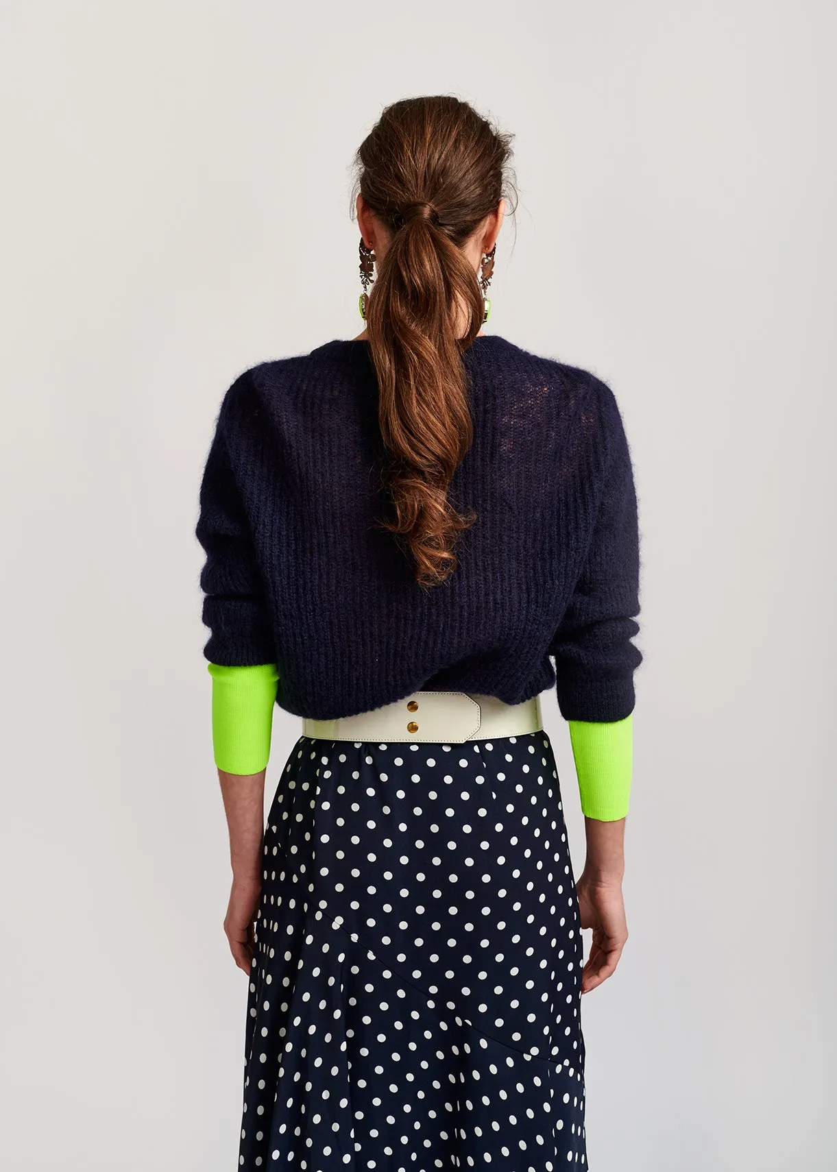Dark blue polka dot midi skirt