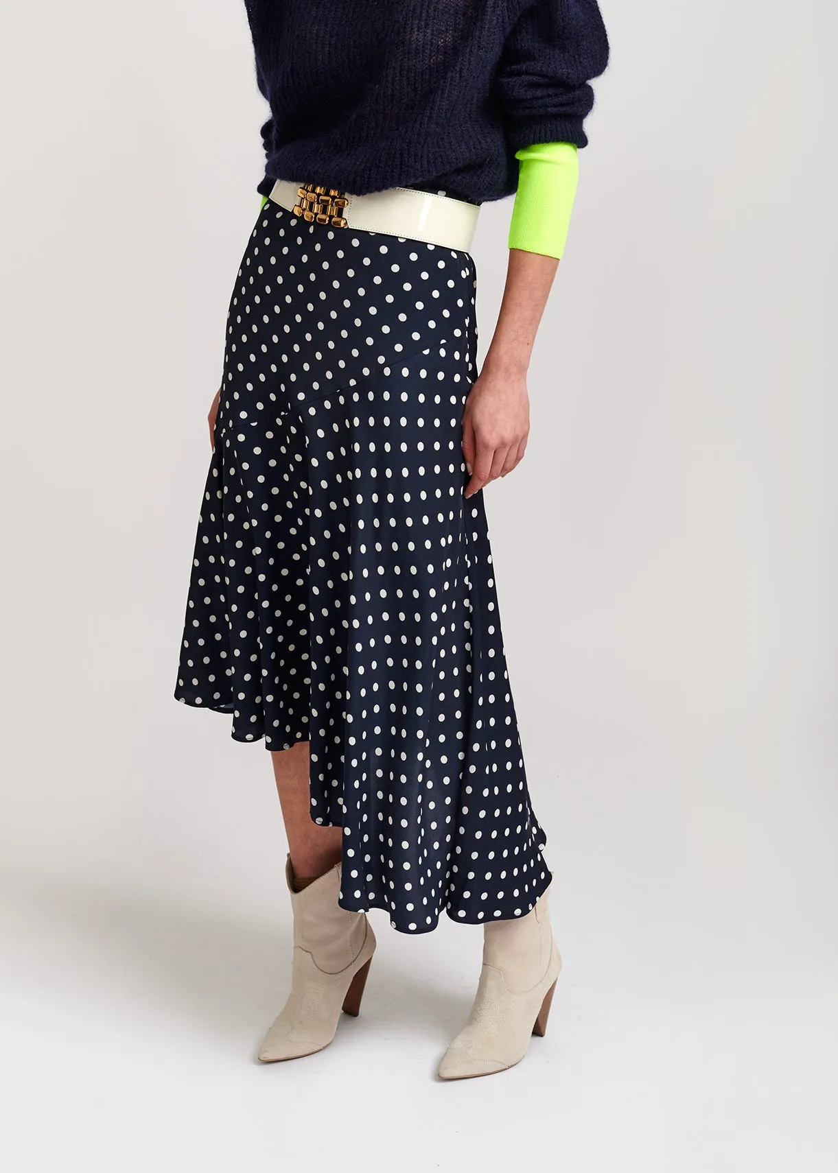 Dark blue polka dot midi skirt