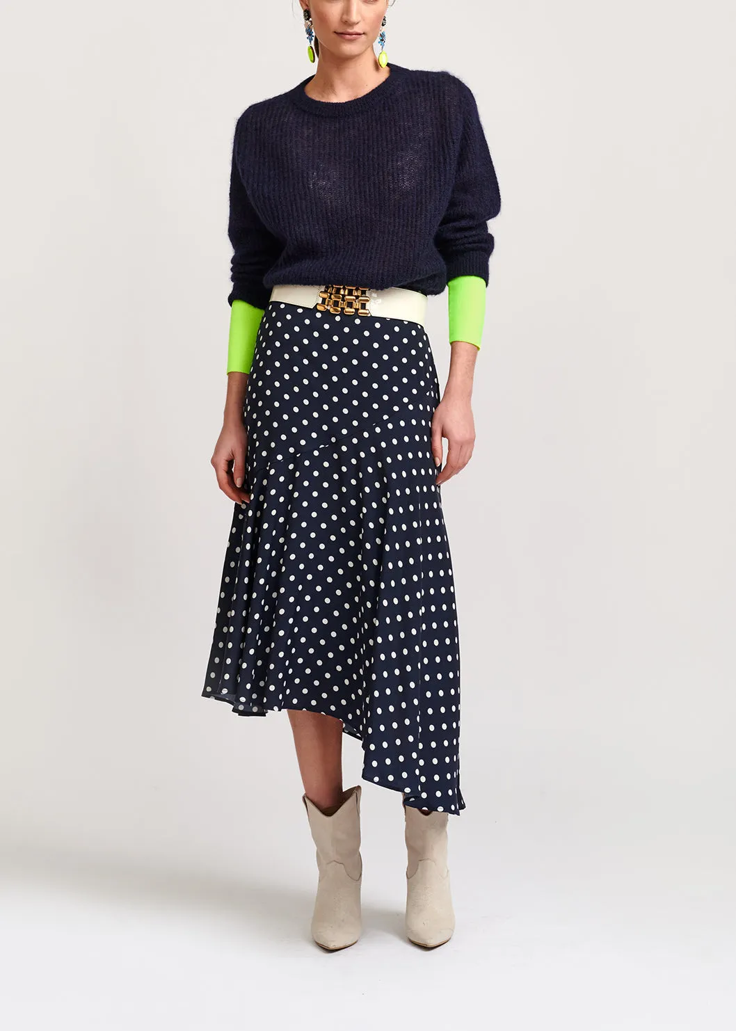 Dark blue polka dot midi skirt