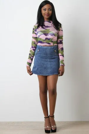 Denim High Waisted Zipper Accent Mini Skirt