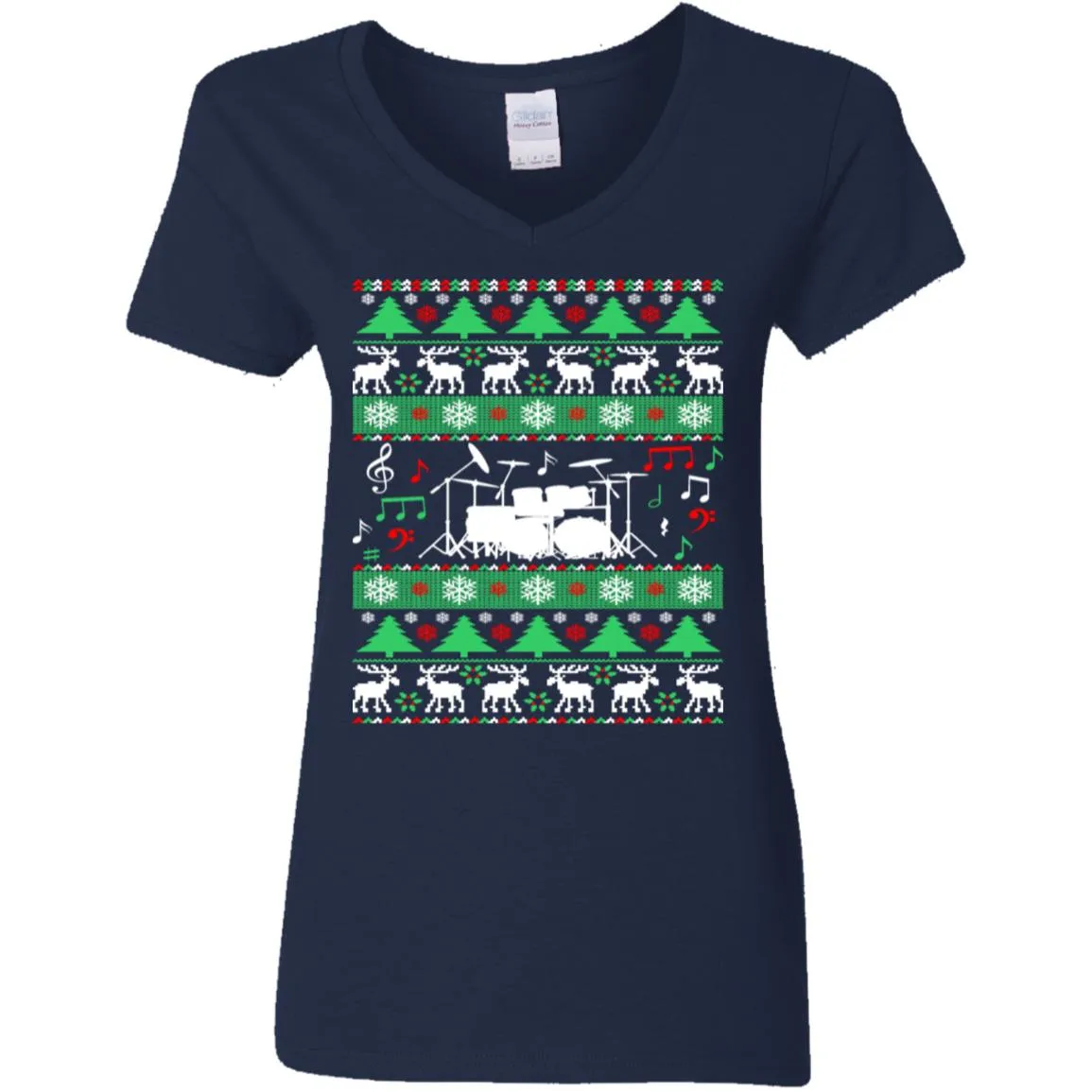 Drums Drummer Ugly Christmas Women V-Neck T-Shirt