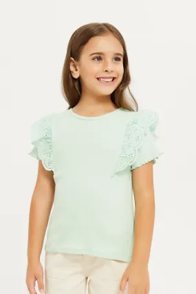 Girls Green Ruffle Sleeve T-Shirt