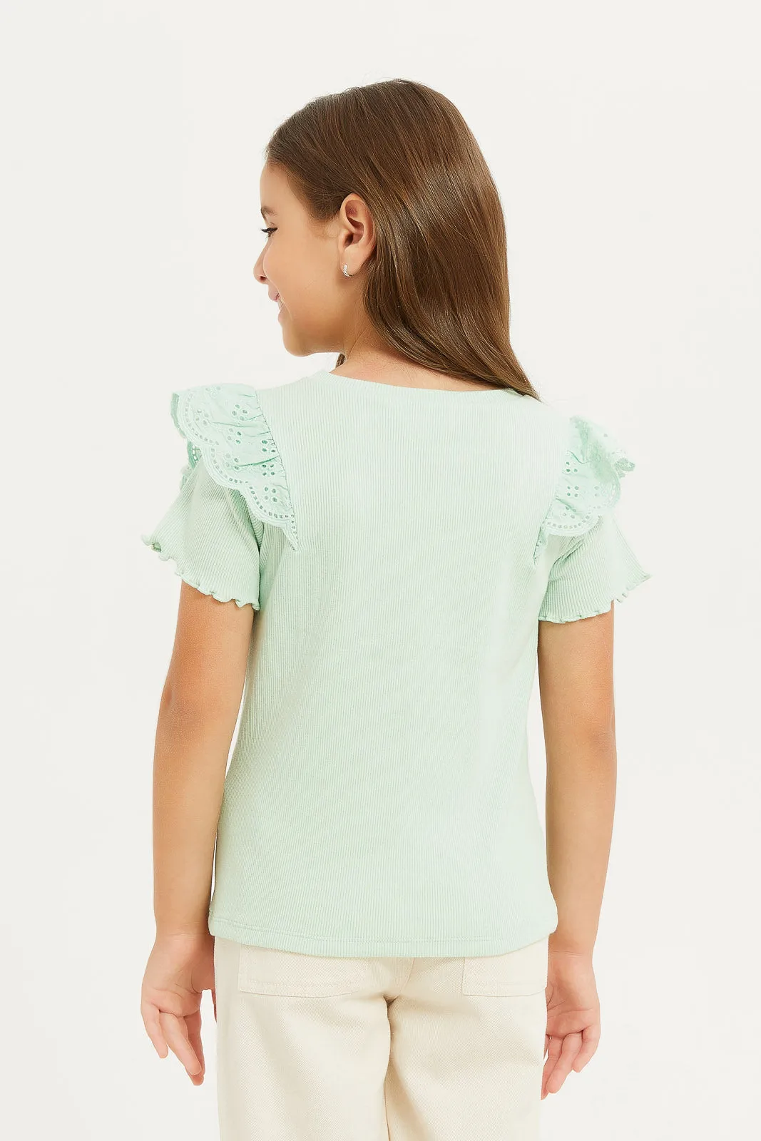 Girls Green Ruffle Sleeve T-Shirt