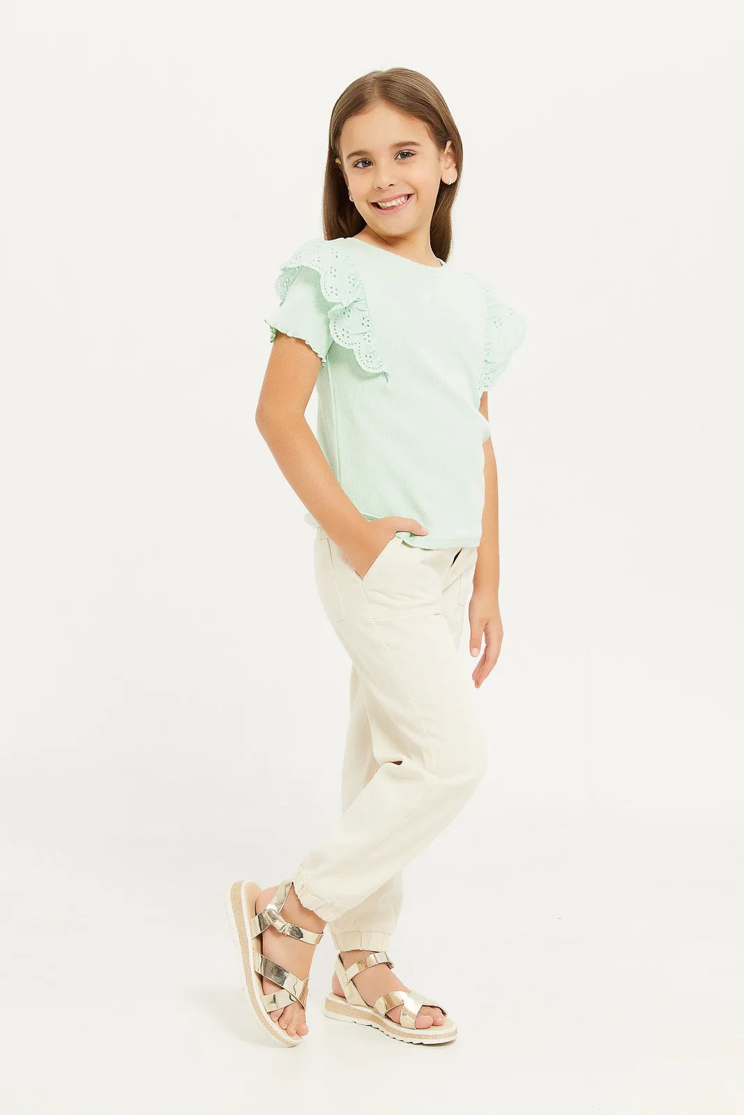 Girls Green Ruffle Sleeve T-Shirt