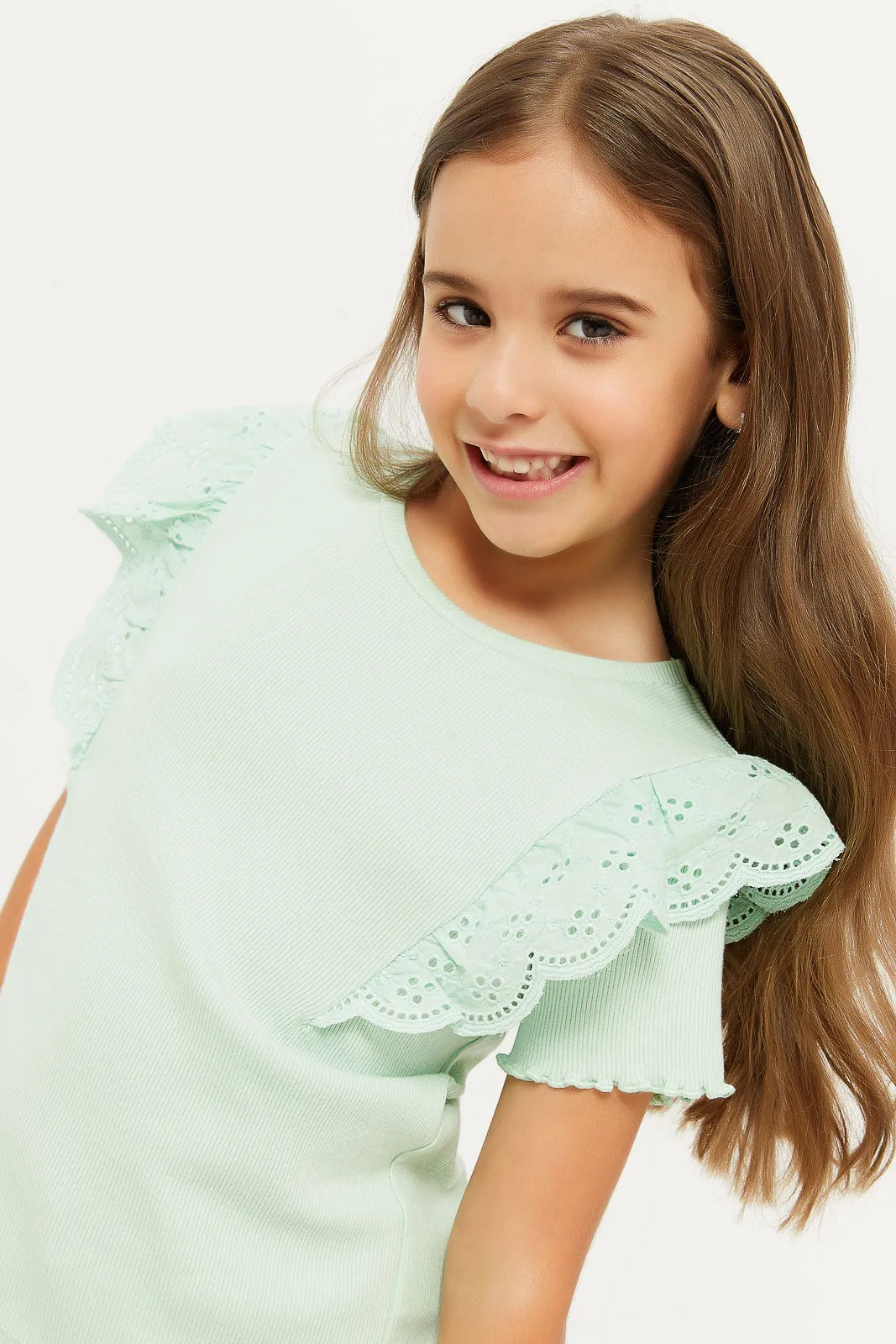 Girls Green Ruffle Sleeve T-Shirt