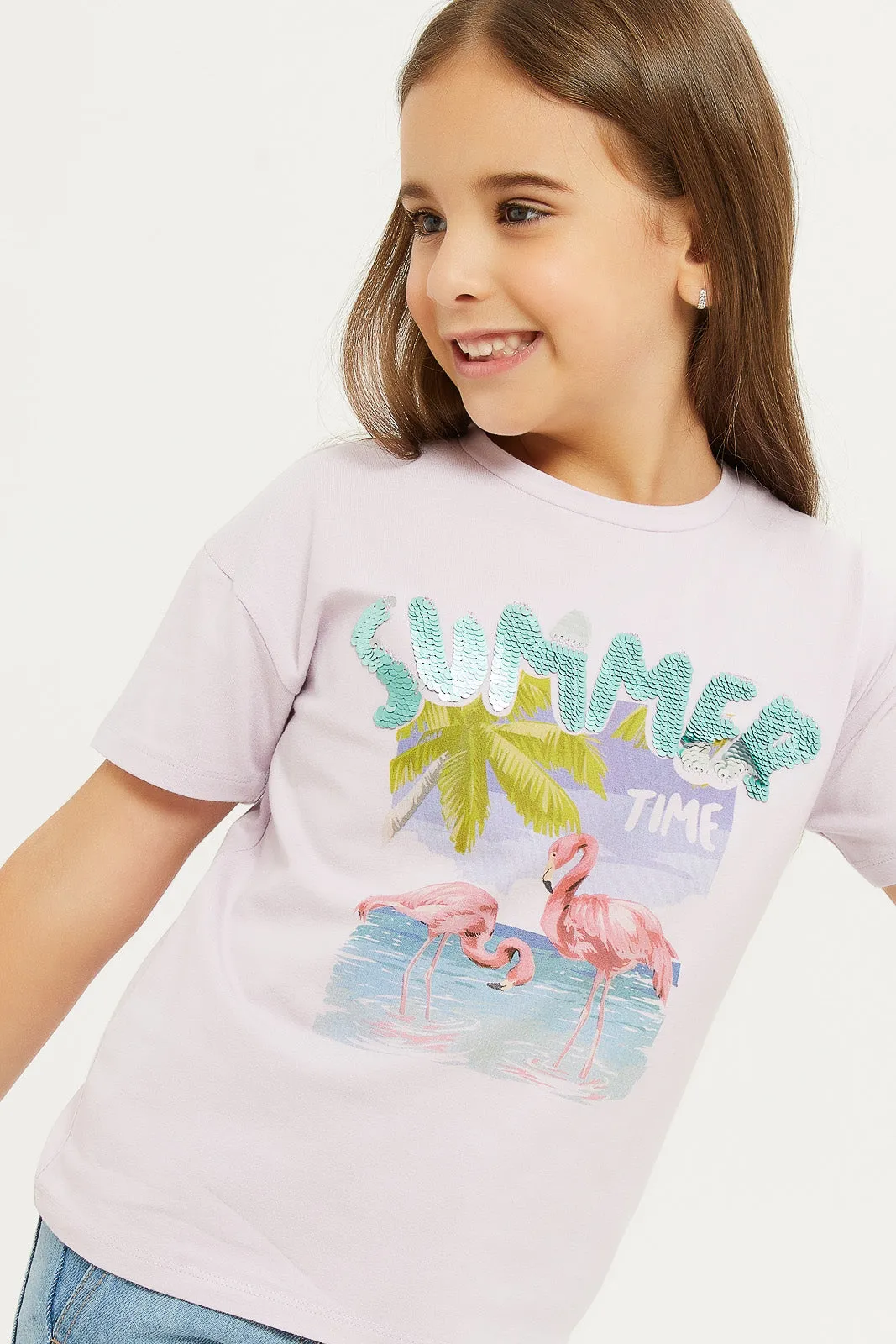 Girls Lilac Sequins T-Shirt